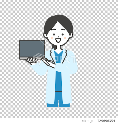一位身穿手術服和白大褂的女醫生指著一台筆記型電腦的插圖 129696354