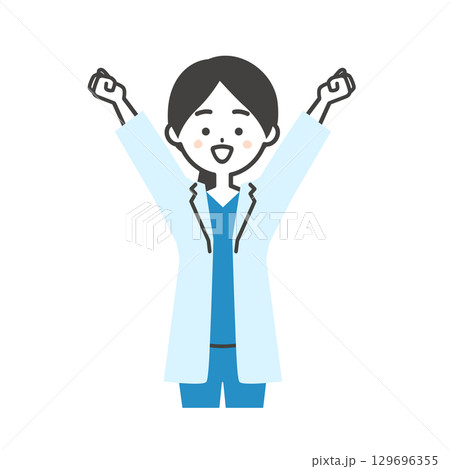 伸びをするスクラブに白衣姿の女性医師イラスト 129696355