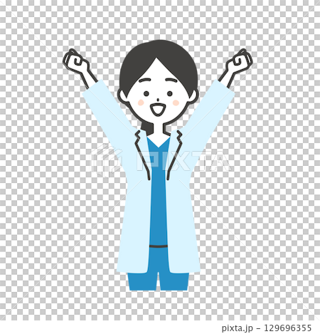 Illustration of a female doctor in a white coat and scrubs stretching 129696355