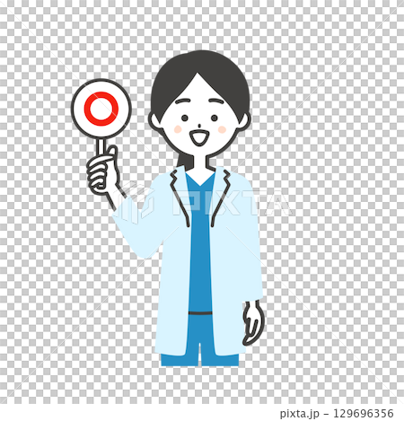 正解の札を持つスクラブに白衣姿の女性医師イラスト 正解の札を持つスクラブに白衣姿の女性医師イラスト 129696356