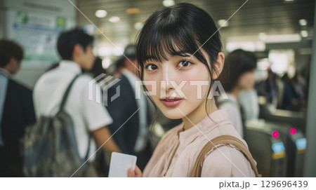 朝の光景　改札を出たところ　若い日本人女性 129696439