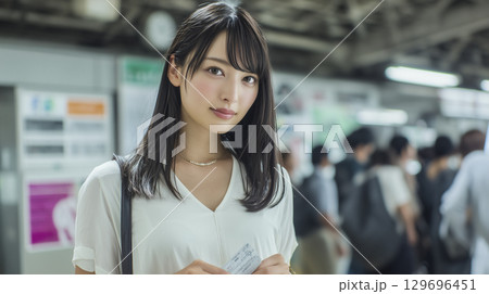 朝の光景　改札を出たところ　若い日本人女性 129696451