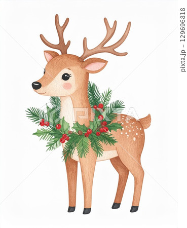 Watercolor Deer with Holiday Wreath and Antlers Against a White Background 129696818