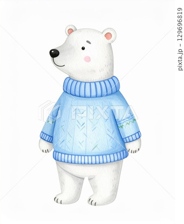Cute Polar Bear in a Blue Woolen Sweater Cartoon Illustration on White Background 129696819