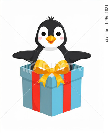 Cute Cartoon Penguin Popping out of a Blue Gift Box with Red Ribbons and Yellow Bow 129696821