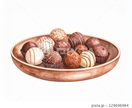 Bowl of Assorted Chocolate Truffles with Varied Toppings and Decorations on White 129696964