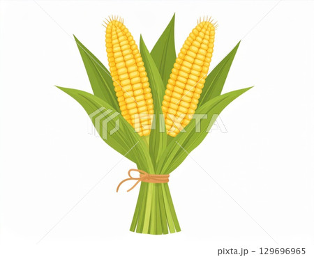 Two Corns with Green Leaves Tied Together on White Background Illustration 129696965