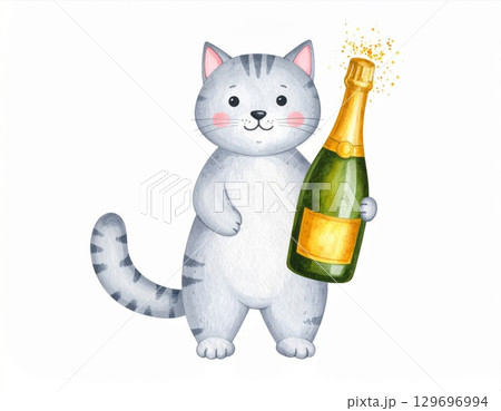 Gray Striped Cartoon Cat Holding Champagne Bottle for Celebration Greeting 129696994