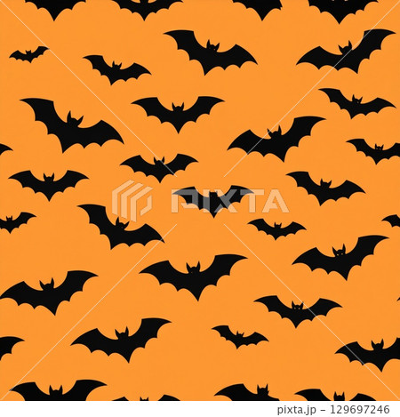 Seamless Pattern of Black Bats on a Bright Orange Background for Halloween Theme Seamless Pattern of Black Bats on a Bright Orange Background for Halloween Theme 129697246