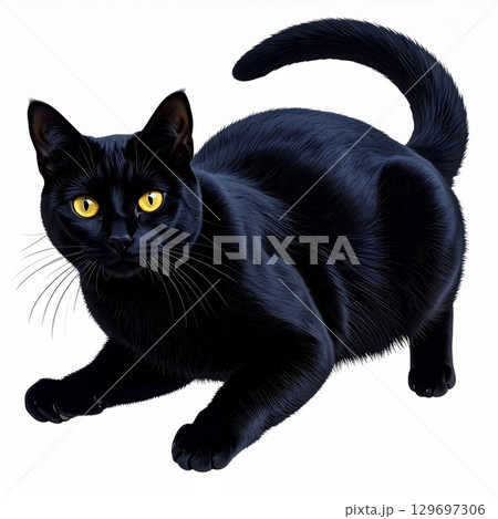 Elegant Black Cat with Yellow Eyes Crouching Isolated on White Background 129697306