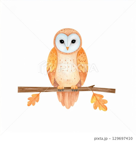 Watercolor Illustration of an Owl Perched on a Branch with Autumn Leaves 129697410