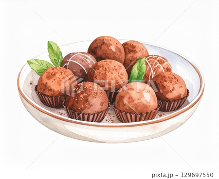 Assortment of Brown Chocolate Truffles on Plate with Mint Leaves on White Backdrop 129697550