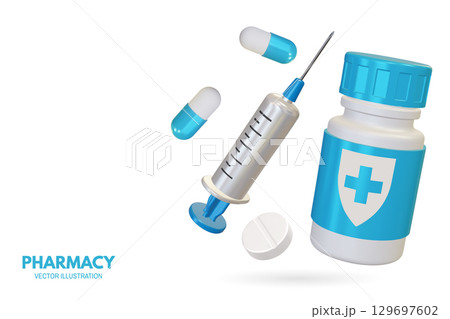 Pharmacy poster, banner with 3d Realistic Pharmaceutical Bottle, Syringe and capsule pill tablet. Advertising for hospital or pharmaceutical company. Sign for pharmacy. Vector illustration Pharmacy poster, banner with 3d Realistic Pharmaceutical Bottle, Syringe and capsule pill tablet. Advertising for hospital or pharmaceutical company. Sign for pharmacy. Vector illustration 129697602