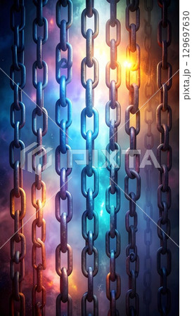 Linked Metal Chains Hanging Against an Abstract Space Background with Dynamic Lighting 129697630