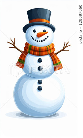 Pixel Art Illustration of a Smiling Snowman with Orange Scarf and Black Top Hat 129697660