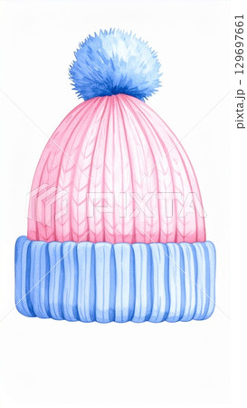 Knitted Pink And Blue Winter Hat With Pom Pom on White Background Illustration 129697661
