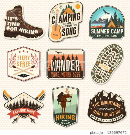 Set of hiking outdoor adventure patches. Hiking related typographic quote. Design with hiker pole, hiking boot, pine cone, mountains, moose, mountain. 129697672