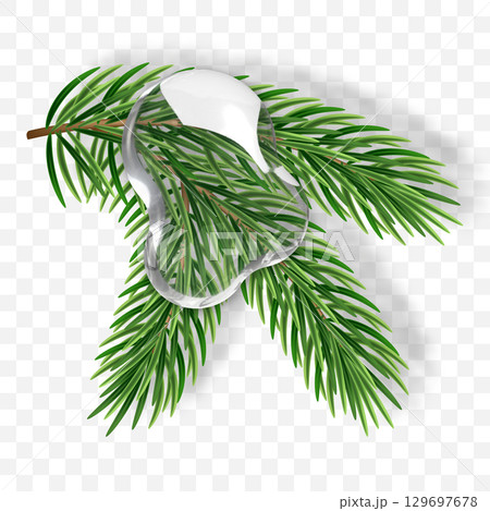Realistic 3d evergreen pine tree branches for a Christmas decor and fluid form, liquid. Vector illustration. Green needles for winter xmas holiday celebration. Realistic fluid form liquid substance. 129697678