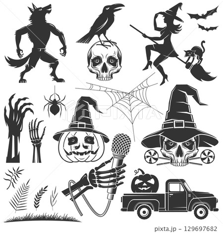 Halloween icons and elements. Set including pumpkins, skulls in wizard hats, werewolf, flying witch on a broomstick, pumpkin, pickup truck, skull hand hold microphone silhouette. Perfect for Halloween Halloween icons and elements. Set including pumpkins, skulls in wizard hats, werewolf, flying witch on a broomstick, pumpkin, pickup truck, skull hand hold microphone silhouette. Perfect for Halloween 129697682