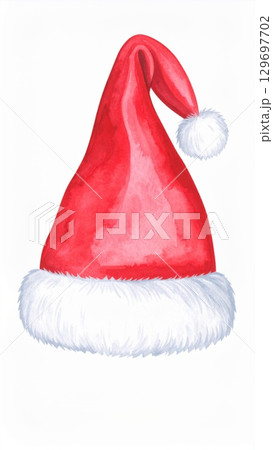 Watercolor Santa Hat with White Fur Trim in Red Isolated on White Background 129697702
