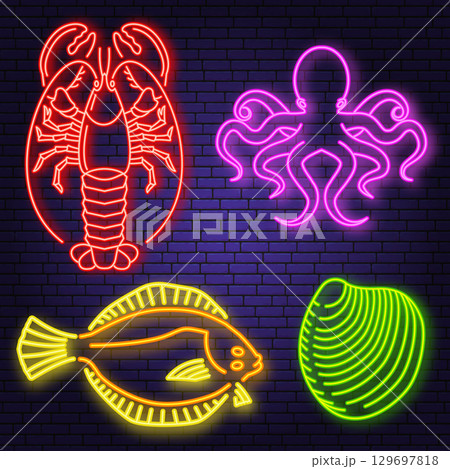 Set of best seafood neon sign lobster, flounder fish, octopus, mussels. Vector illustration. For seafood emblem, sign, patch, shirt, menu restaurants, fish markets, stores. Neon sign bright signboard 129697818