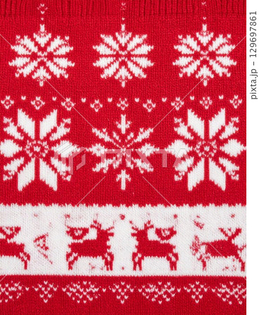 Detailed Red and White Christmas Holiday Pattern with Snowflakes and Deer 129697861