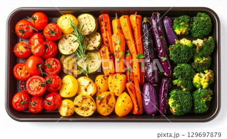 Grilled Vegetables Arranged by Color on a Tray Featuring Tomatoes Carrots and Broccoli 129697879