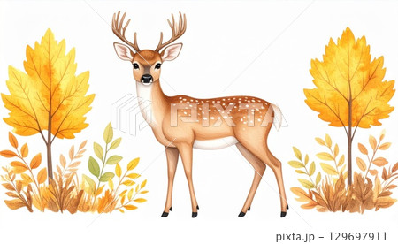 Elegant Spotted Deer with Antlers Amidst Golden Autumn Leaves in a Woodland Scene 129697911