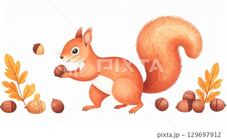 Watercolor Illustration of a Fluffy Squirrel Surrounded by Nuts and Autumn Leaves 129697912