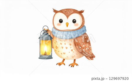 Watercolor Illustration of Brown Owl Wearing Blue Scarf Holding Lit Lantern Watercolor Illustration of Brown Owl Wearing Blue Scarf Holding Lit Lantern 129697920