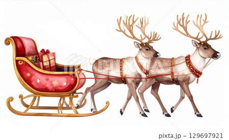 Watercolor Illustration of Red Sleigh with Two Reindeers on a White Background 129697921