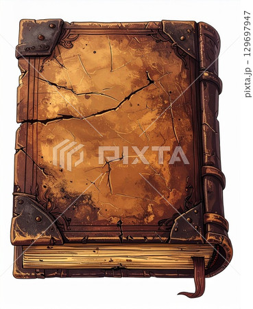 Ancient Book with Cracked Brown Cover and Metal Details Isolated on White Background 129697947