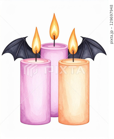 Three Halloween Candles with Glowing Flames and Decorative Bat Wings on White Background 129697948