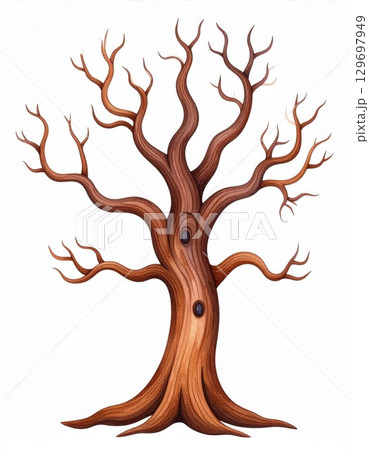 Isolated Illustration of a Leafless Bare Tree with Brown Trunk and Branches 129697949