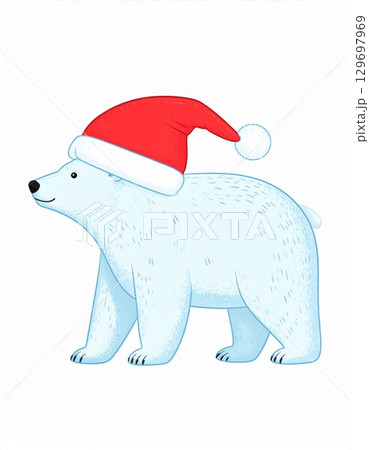 Pixelated Illustration of a Polar Bear Wearing a Red Santa Hat on White Background 129697969