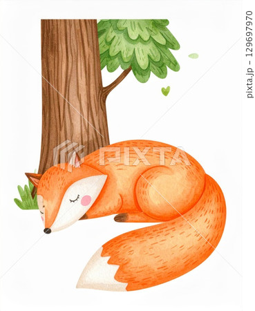 Watercolor Illustration of Sleeping Fox Curled near Tree in Forest Peaceful Scene 129697970