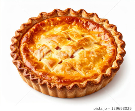Golden Apple Pie with Lattice Crust on White Background in Studio Lighting Golden Apple Pie with Lattice Crust on White Background in Studio Lighting 129698029