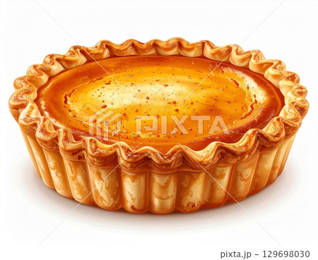 Delicious Egg Custard Tart with a Golden Crust on a White Background Delicious Egg Custard Tart with a Golden Crust on a White Background 129698030