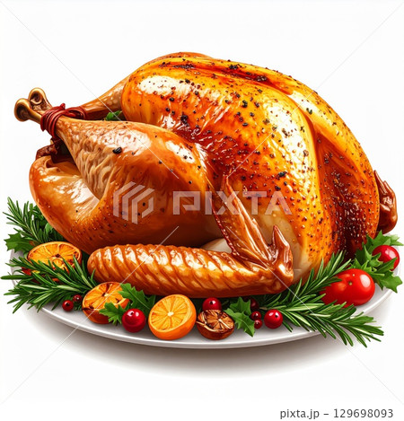 Roasted Turkey on a White Plate with Orange Slices and Greenery Decoration 129698093
