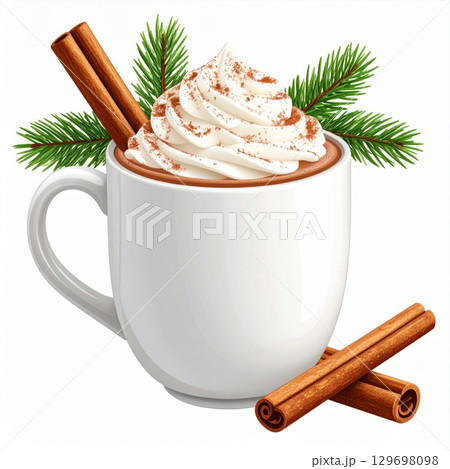 White Mug of Hot Cocoa Topped with Whipped Cream and Cinnamon Sticks Decoration 129698098