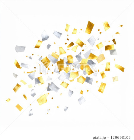 Gold and Silver Confetti Scattered on White Background Celebration Party Decorations 129698103