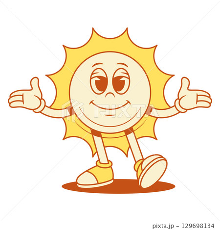 Smiling cute yellow sun cartoon character welcome contoured vector flat illustration 129698134