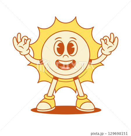 Funny yellow sun cartoon character ok okay gesture contoured vector flat illustration Funny yellow sun cartoon character ok okay gesture contoured vector flat illustration 129698151