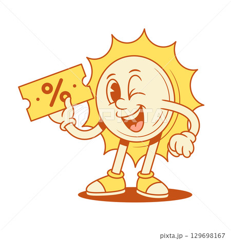 Comic yellow sun cartoon character shopping sale contoured vector flat illustration 129698167
