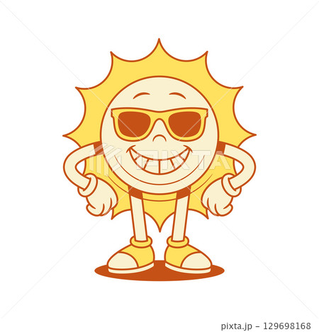 Funny comic yellow sun cartoon character in sunglasses contoured vector flat illustration 129698168
