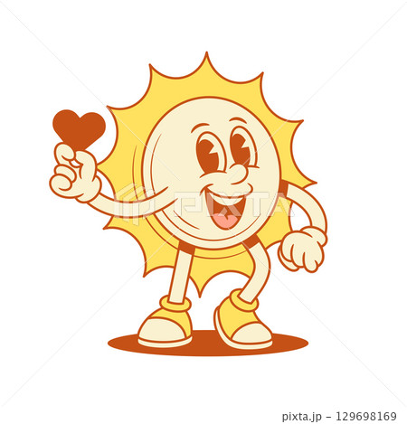 Happy yellow sun cartoon character with heart contoured vector flat illustration 129698169