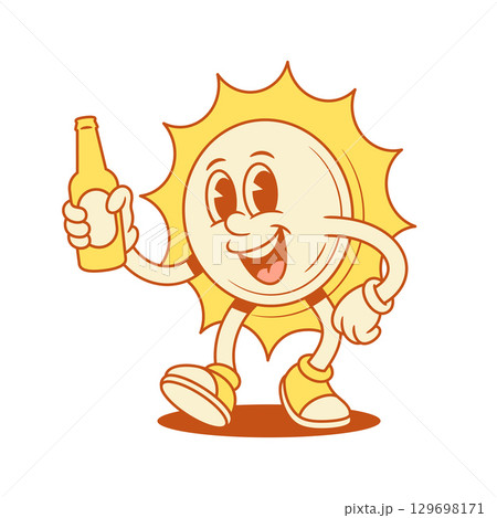 Comic yellow sun cartoon character with beer bottle contoured vector flat illustration 129698171