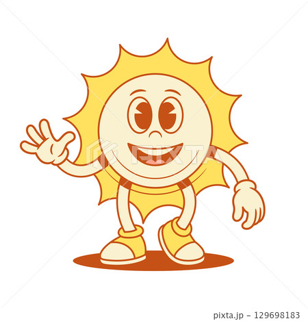 Smiling comic yellow sun cartoon character greeting hi contoured vector flat illustration Smiling comic yellow sun cartoon character greeting hi contoured vector flat illustration 129698183