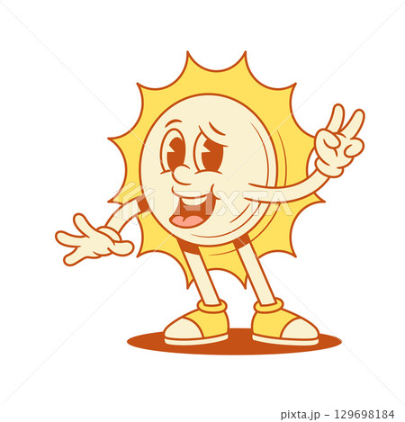 Overjoyed funky yellow sun cartoon character dancing contoured vector flat illustration Overjoyed funky yellow sun cartoon character dancing contoured vector flat illustration 129698184