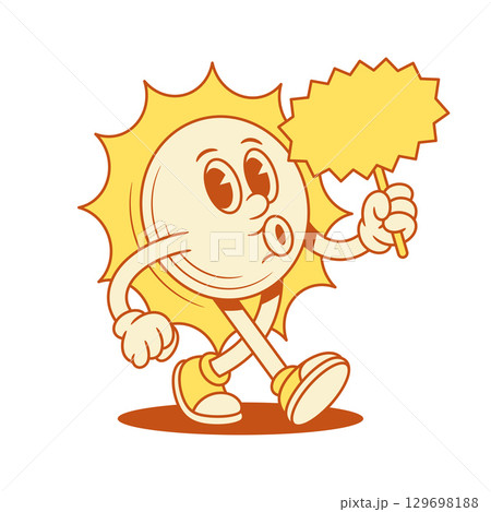 Comic yellow sun cartoon character with signboard sale contoured vector flat illustration 129698188